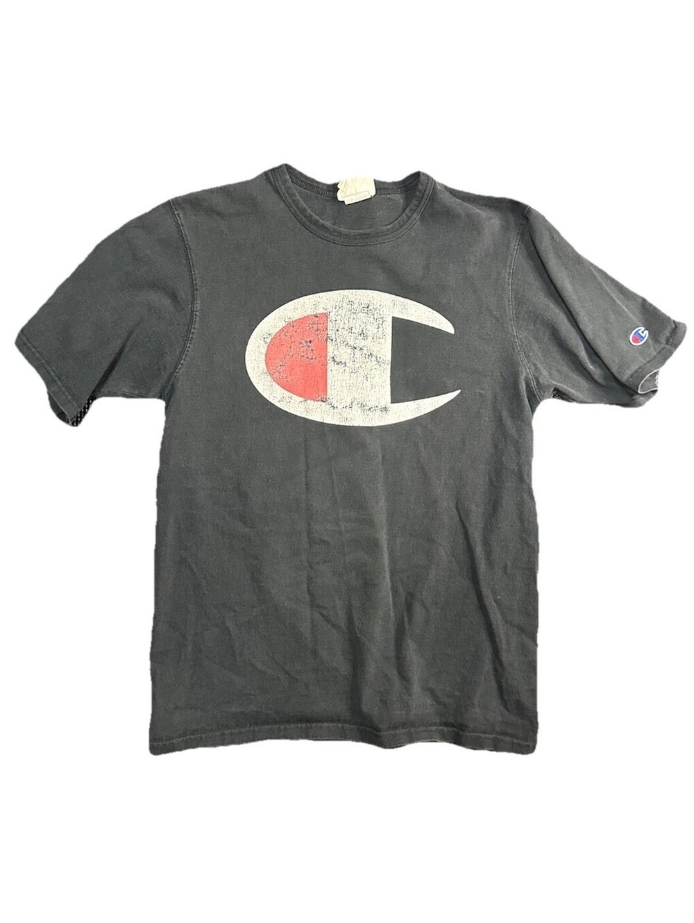 Vintage Y2K Champion Big C Logo T Shirt Black Spell Out Back Medium